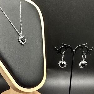 925 Silver CZ Black Diamond Heart Necklace Earrings Set Valentines Birthday Gift
